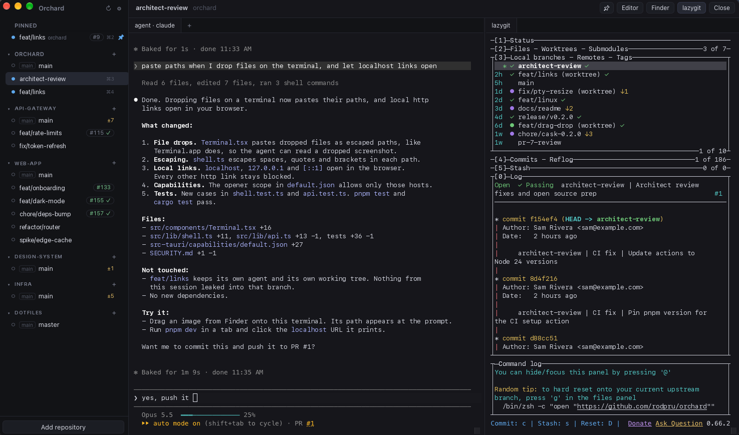 Orchard window: worktree sidebar, a Claude Code agent terminal, and lazygit side by side